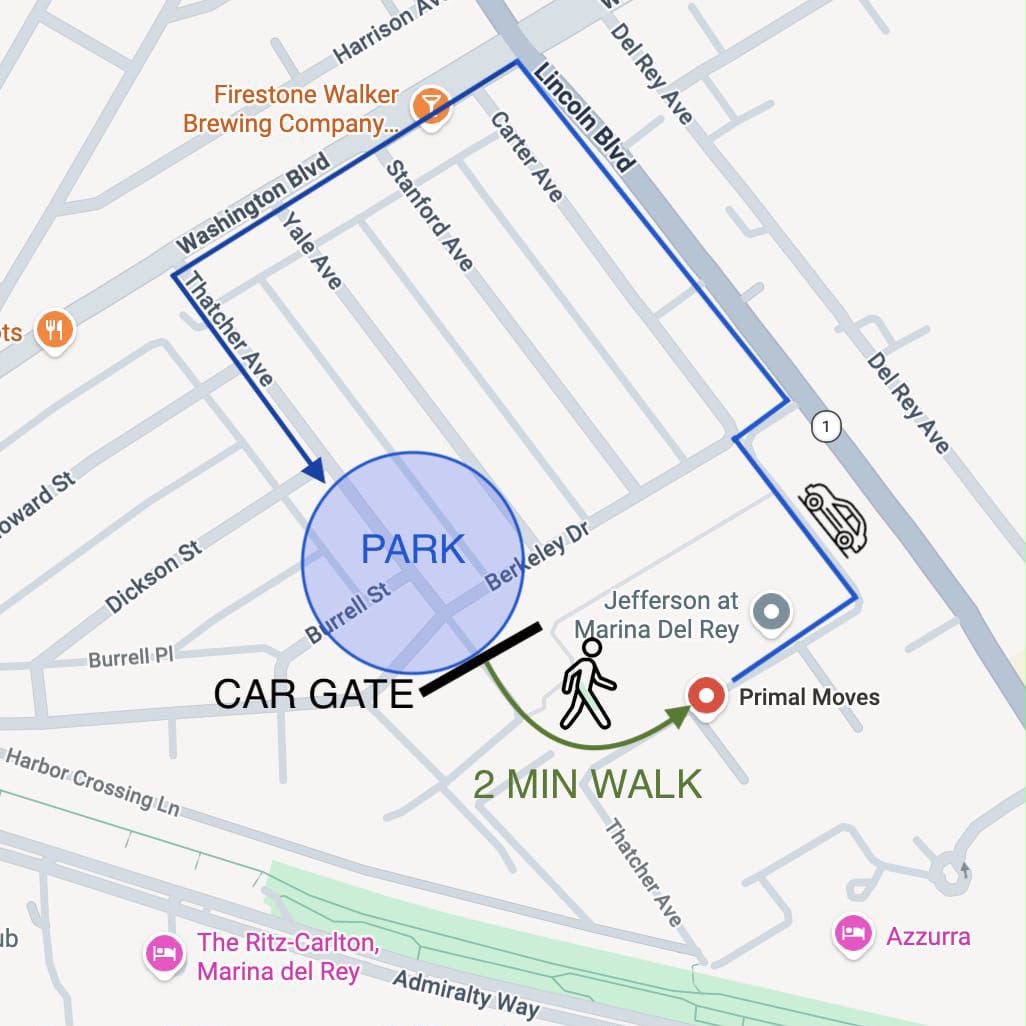 Parking map - park near Thatcher Ave, two-minute walk through the car gate to Primal Moves